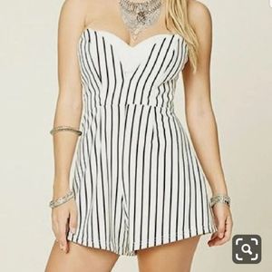 White Striped Strapless Romper